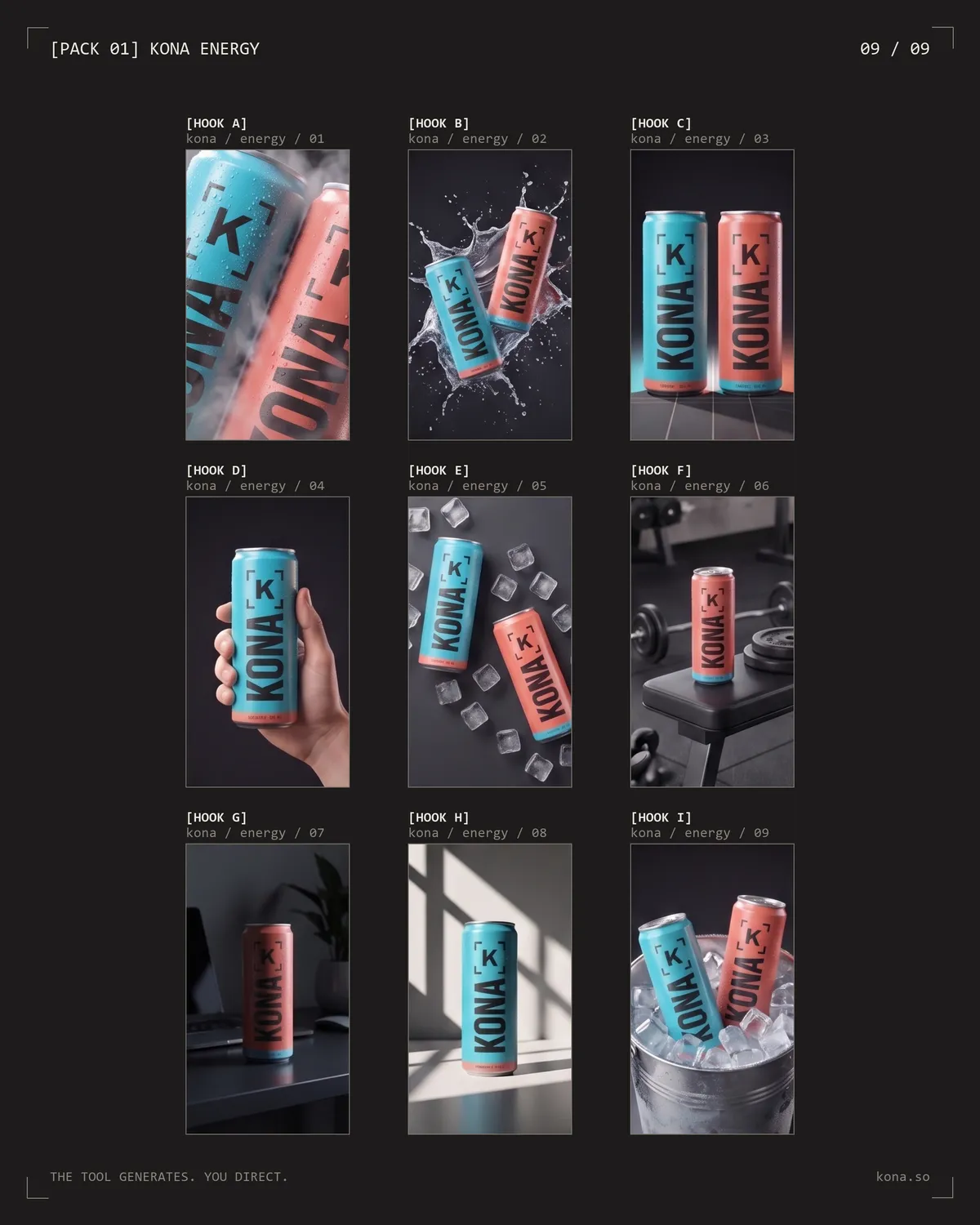A pack of nine energy drink ads, three concepts with three hooks each