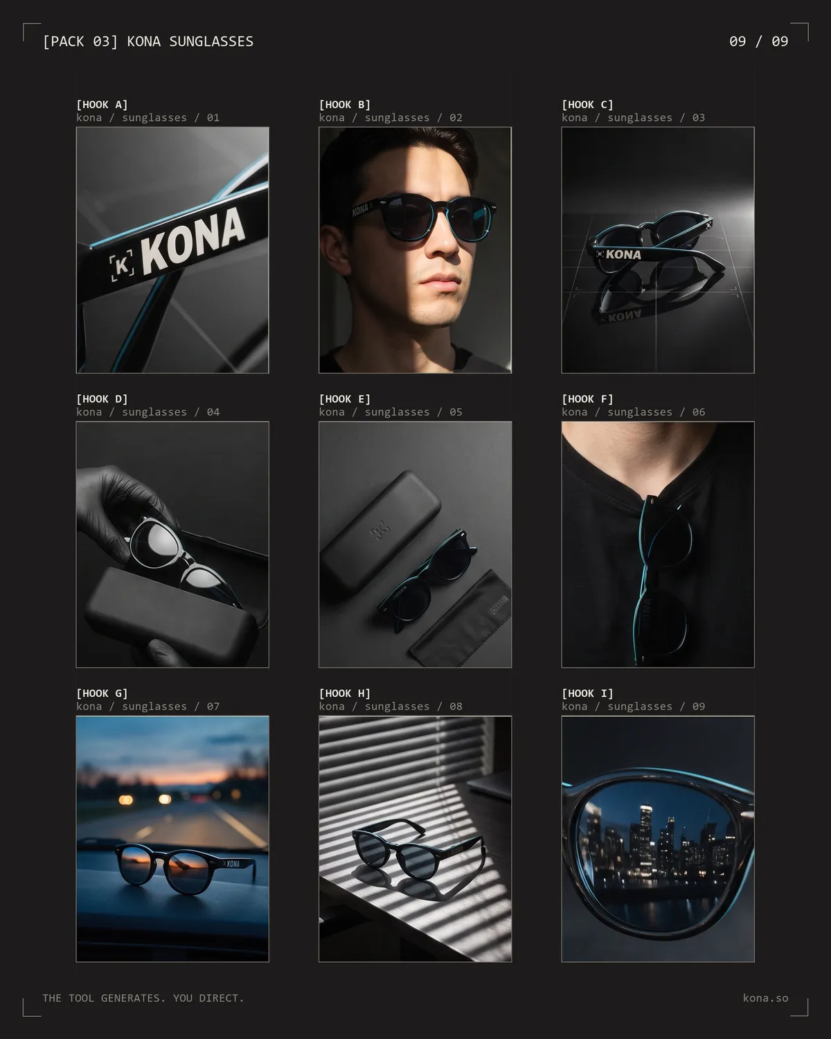A pack of nine sunglasses ads, product and portrait frames