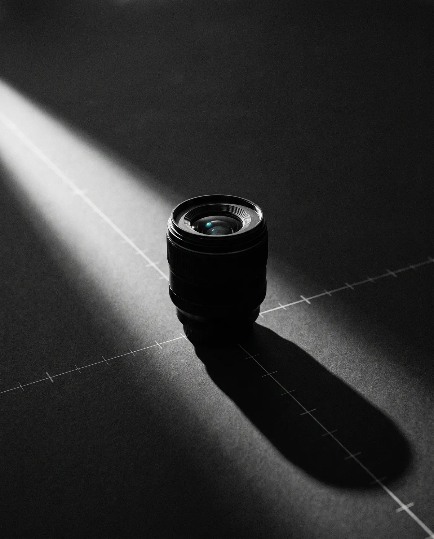 A camera lens on a matte black floor, lit by one hard light