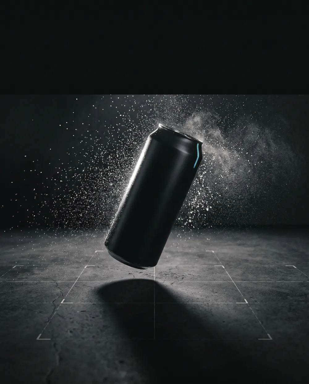 A black can suspended in a burst of powder under hard light